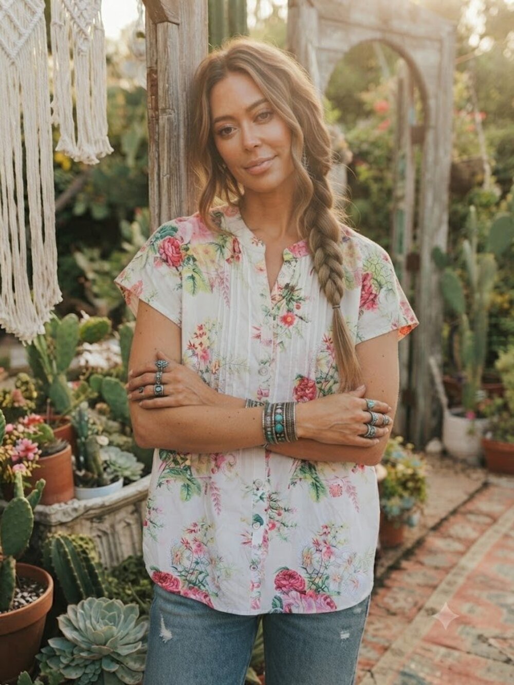 Cotton Floral Button-Front Top with Pink & Green Roses